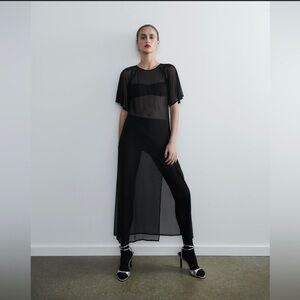 Zara Cape Sleeve Tulle Dress Semi-Sheer Midi Length Black S